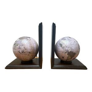 Crate & Barrel Globe Bookends Wood Base Academia Classic Coastal Grandma